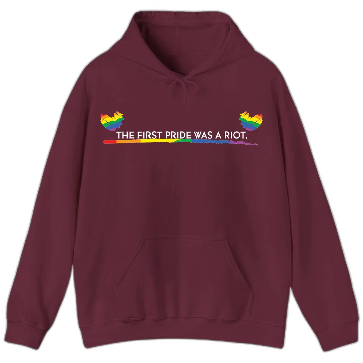 Gray background with white text reading 'THE FIRST PRIDE WAS A RIOT' surrounded by rainbow pride hearts and gradient stripe in Maroon