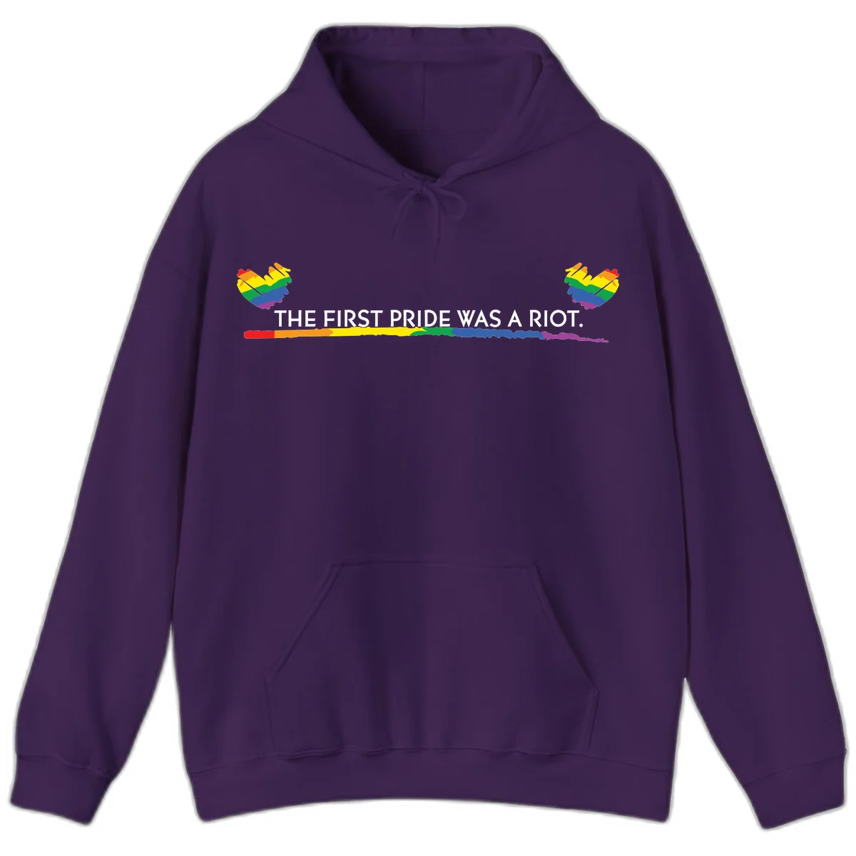 Gray background with white text reading 'THE FIRST PRIDE WAS A RIOT' surrounded by rainbow pride hearts and gradient stripe in Purple