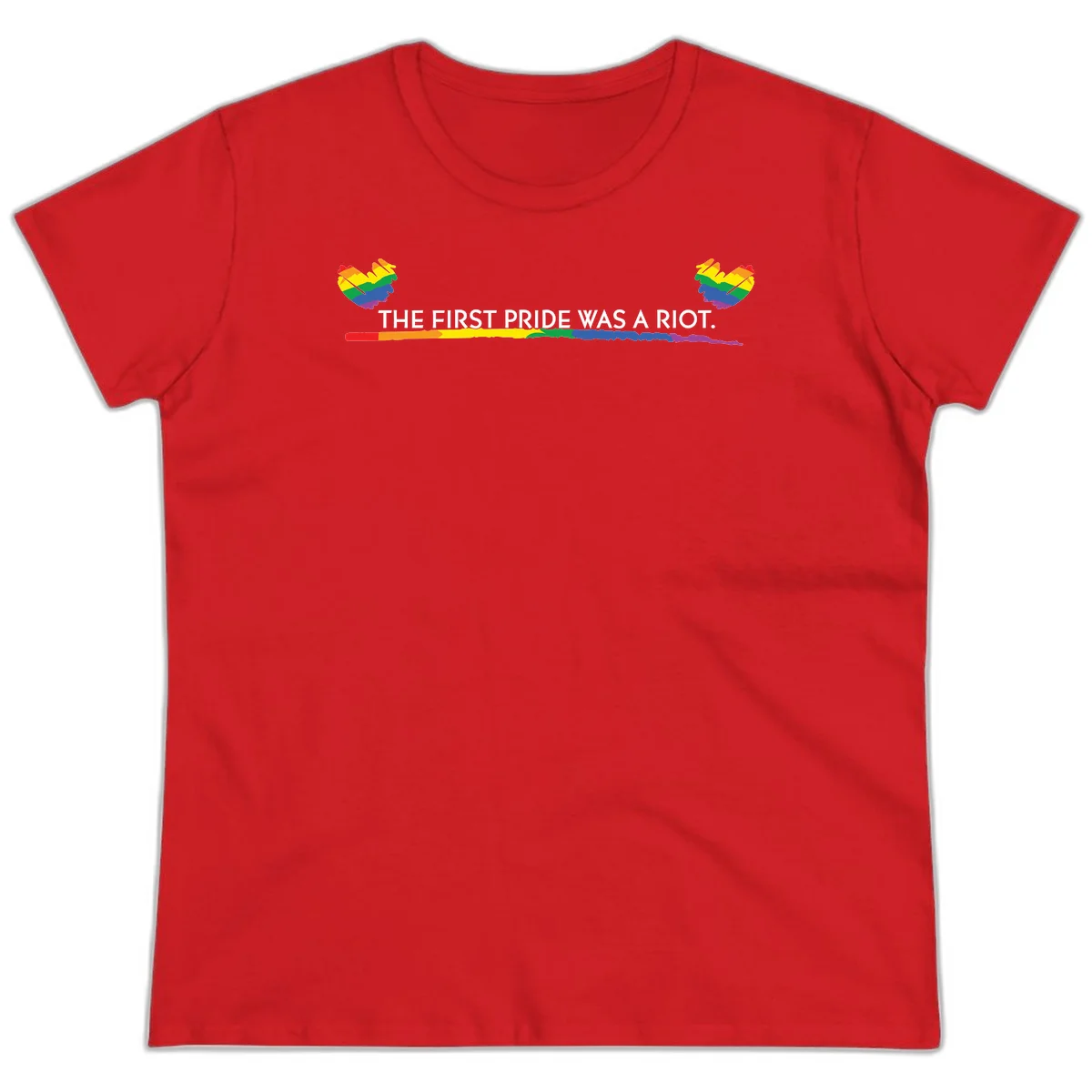 Gray background with white text reading 'THE FIRST PRIDE WAS A RIOT' surrounded by rainbow pride hearts and gradient stripe in Red