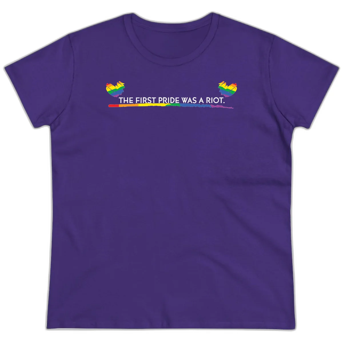Gray background with white text reading 'THE FIRST PRIDE WAS A RIOT' surrounded by rainbow pride hearts and gradient stripe in Purple