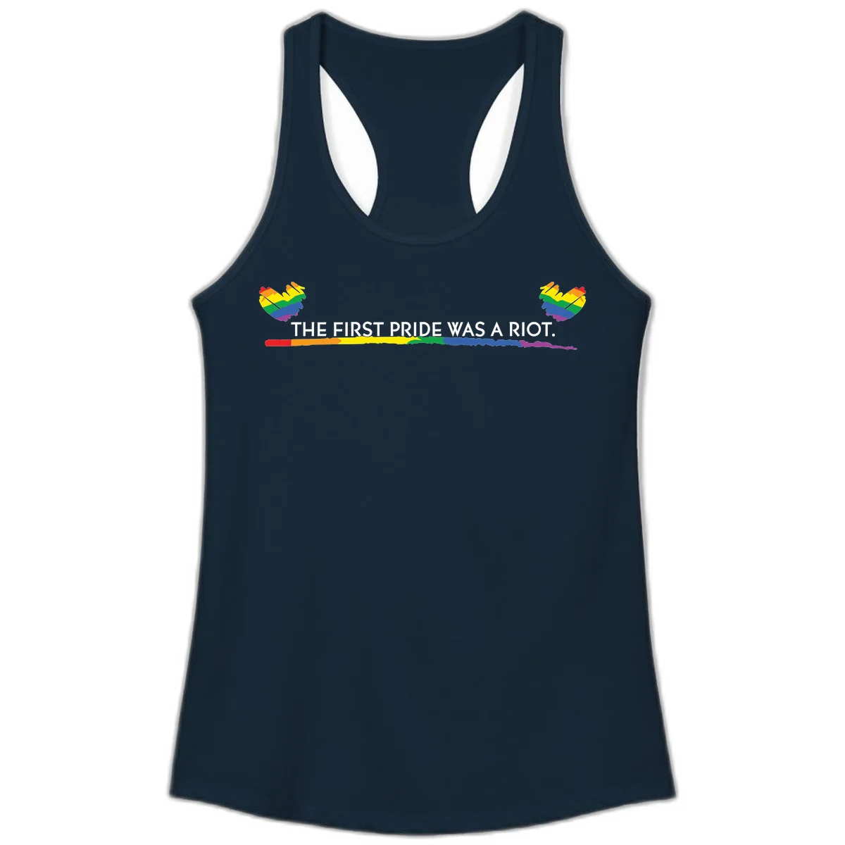 Gray background with white text reading 'THE FIRST PRIDE WAS A RIOT' surrounded by rainbow pride hearts and gradient stripe in Solid Midnight Navy