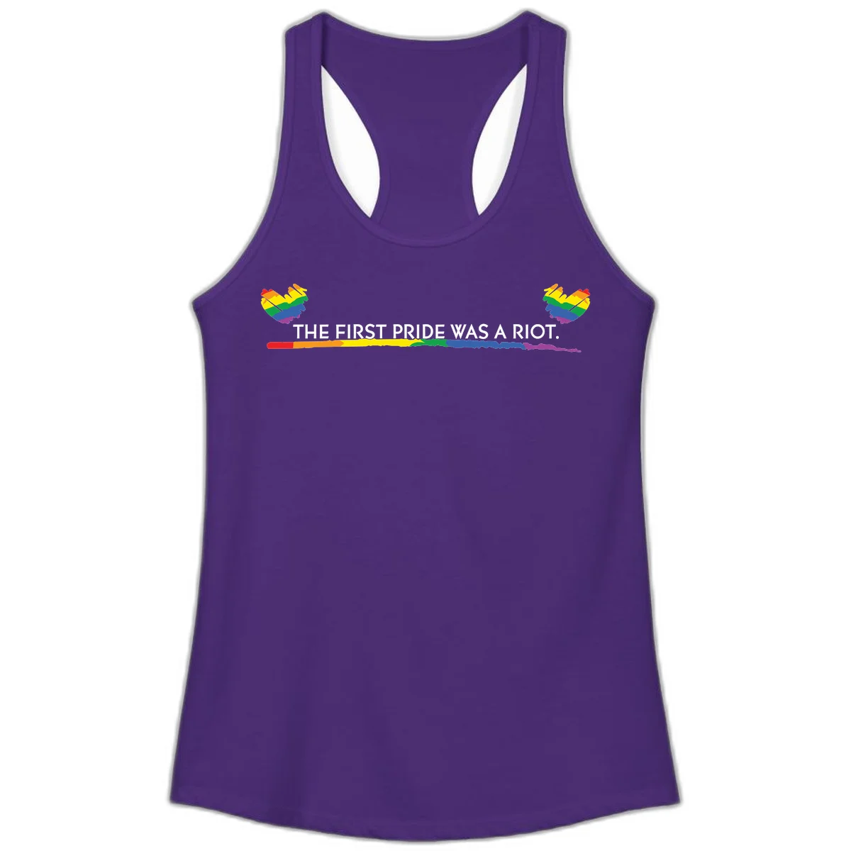 Gray background with white text reading 'THE FIRST PRIDE WAS A RIOT' surrounded by rainbow pride hearts and gradient stripe in Solid Purple Rush