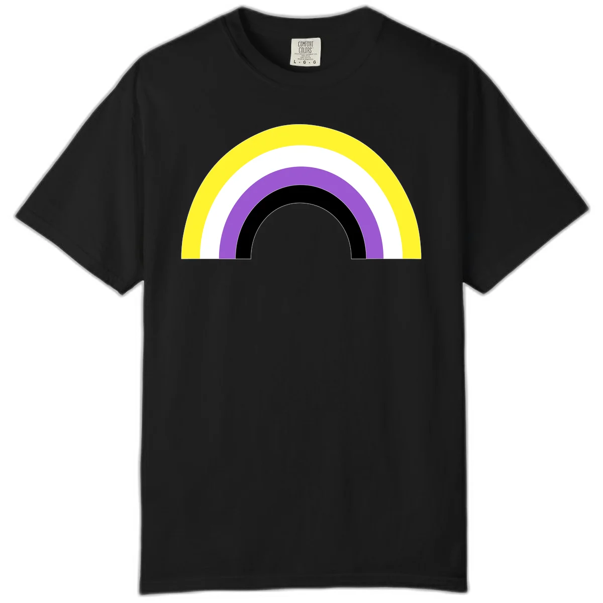 Concentric pride rainbow design with five nested semicircular arcs in yellow, white, purple, black, and gray bands. in Black