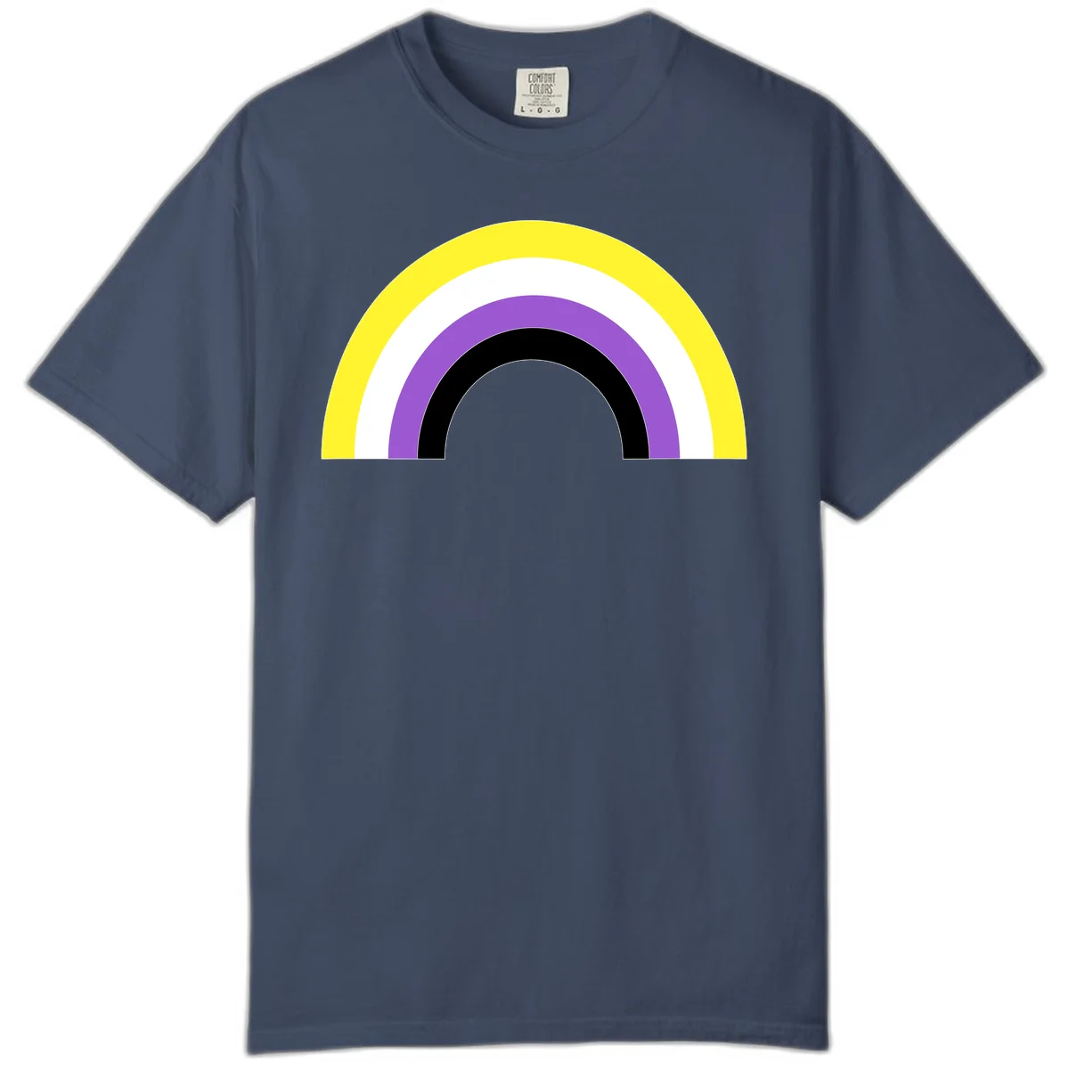 Concentric pride rainbow design with five nested semicircular arcs in yellow, white, purple, black, and gray bands. in Midnight