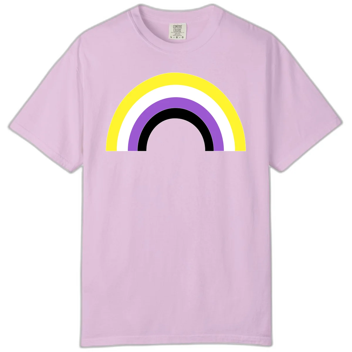 Concentric pride rainbow design with five nested semicircular arcs in yellow, white, purple, black, and gray bands. in Orchid
