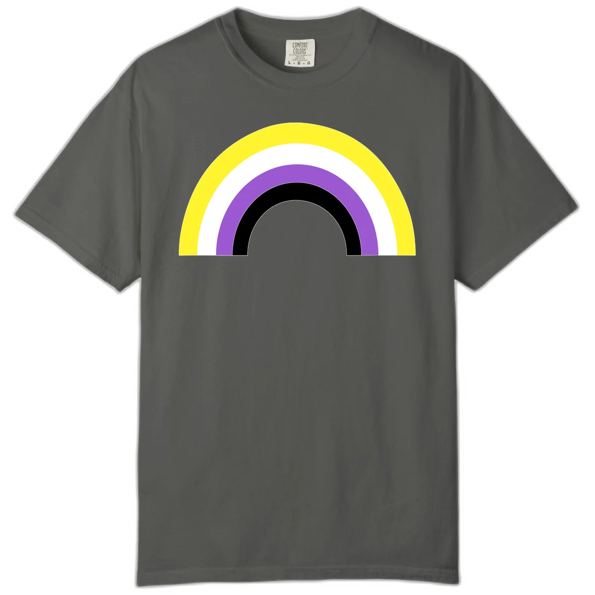 Concentric pride rainbow design with five nested semicircular arcs in yellow, white, purple, black, and gray bands. in Pepper