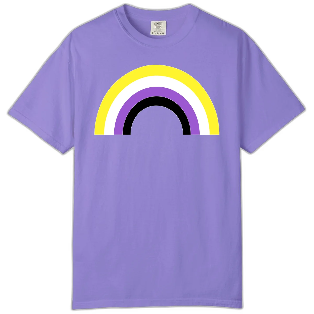 Concentric pride rainbow design with five nested semicircular arcs in yellow, white, purple, black, and gray bands. in Violet
