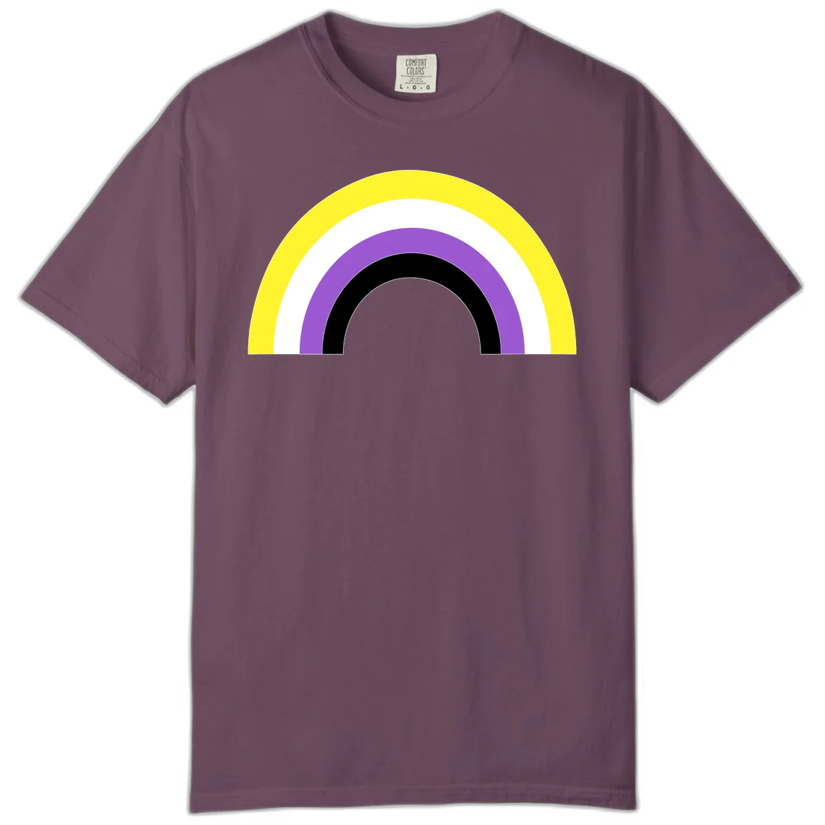 Concentric pride rainbow design with five nested semicircular arcs in yellow, white, purple, black, and gray bands. in Berry