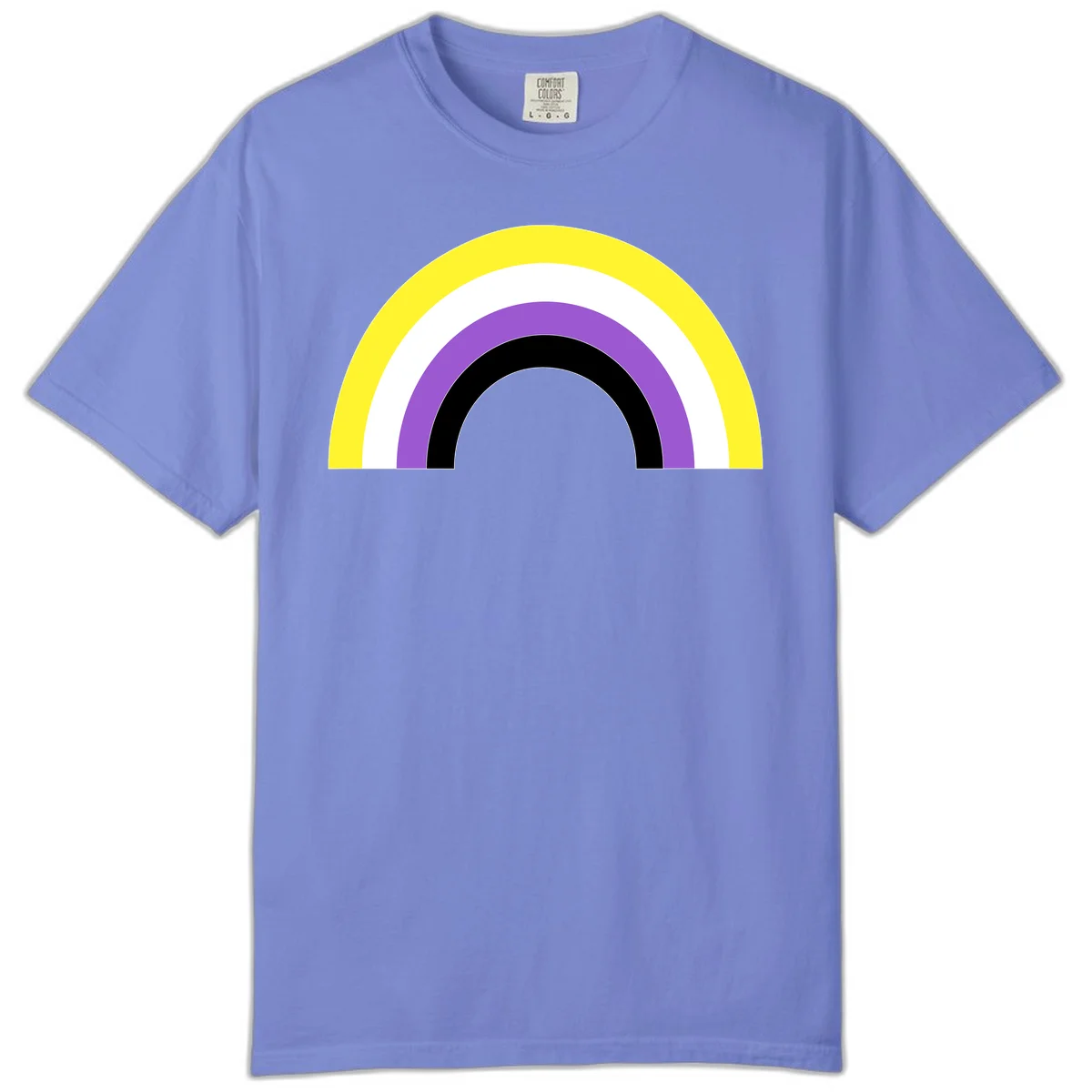 Concentric pride rainbow design with five nested semicircular arcs in yellow, white, purple, black, and gray bands. in Flo Blue