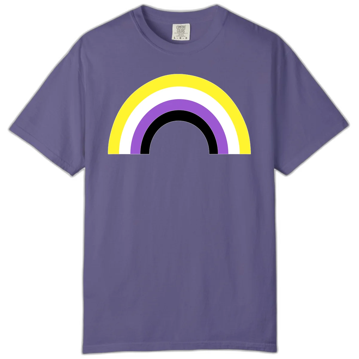 Concentric pride rainbow design with five nested semicircular arcs in yellow, white, purple, black, and gray bands. in Grape