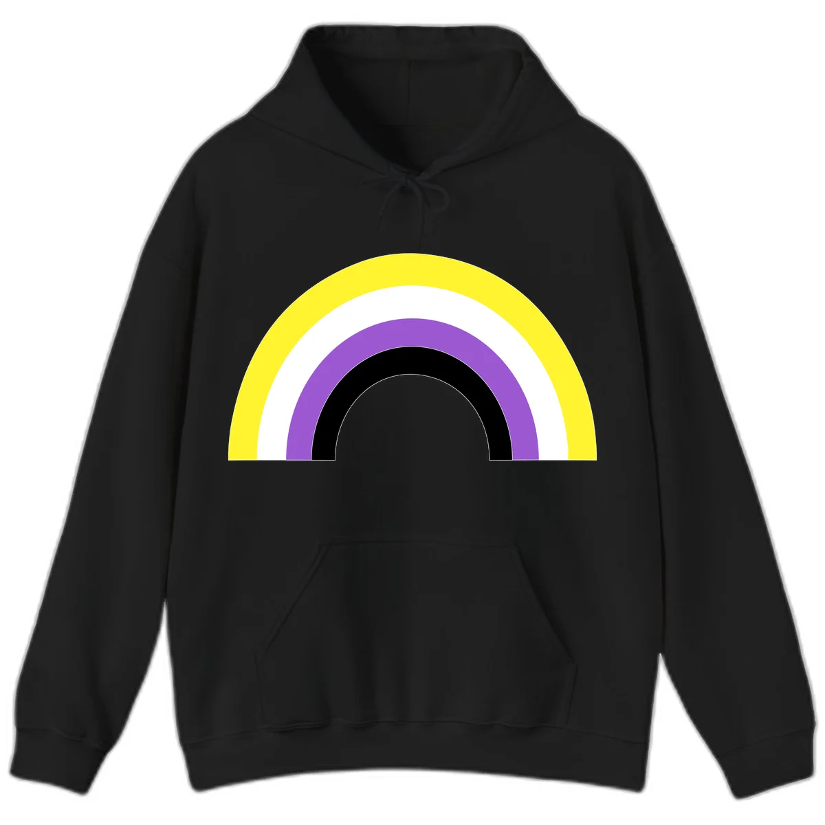 Concentric pride rainbow design with five nested semicircular arcs in yellow, white, purple, black, and gray bands. in Black