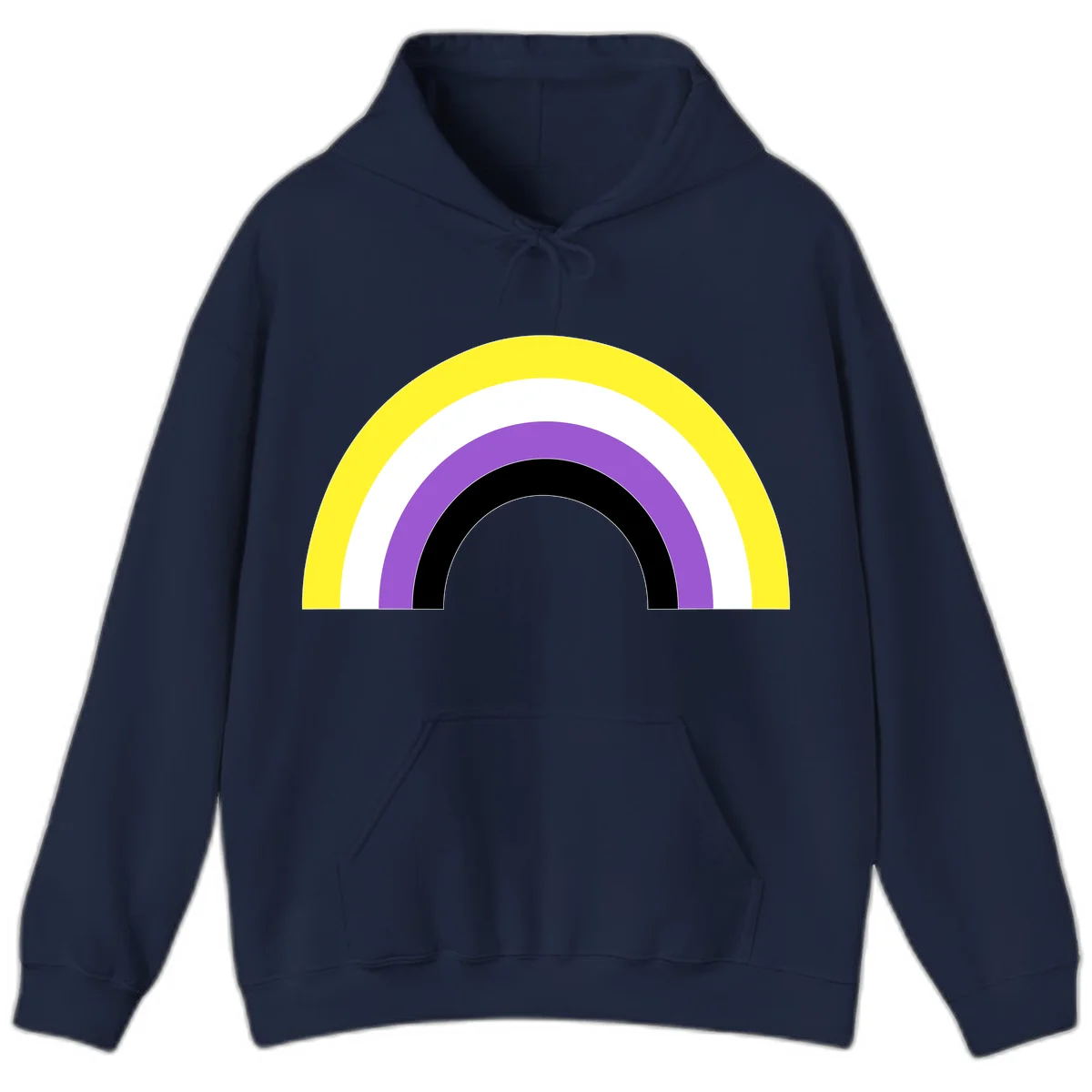 Concentric pride rainbow design with five nested semicircular arcs in yellow, white, purple, black, and gray bands. in Navy