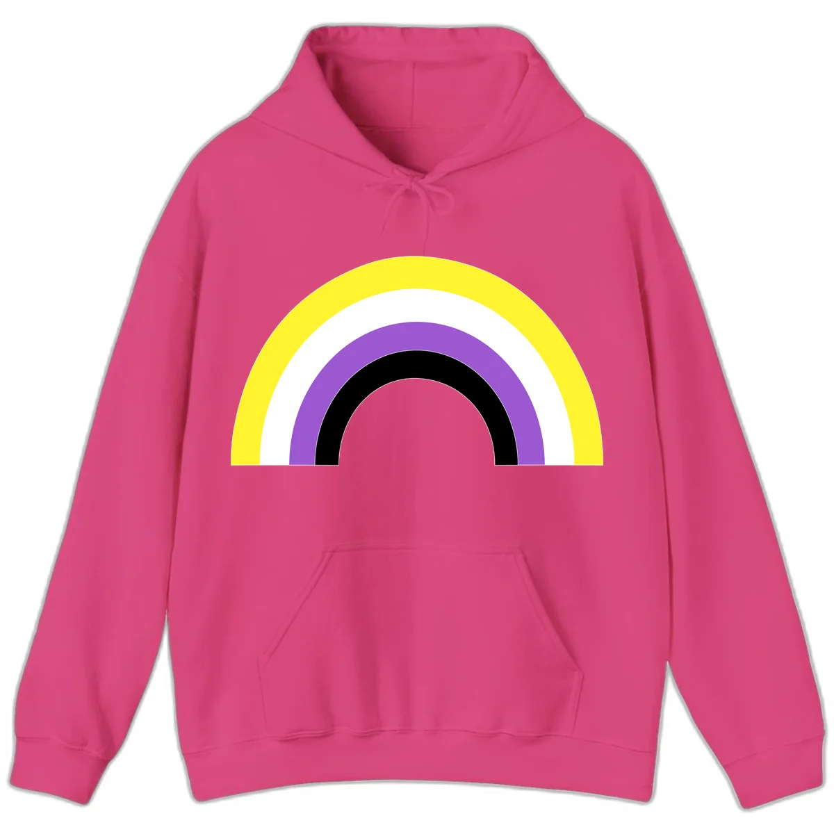 Concentric pride rainbow design with five nested semicircular arcs in yellow, white, purple, black, and gray bands. in Heliconia