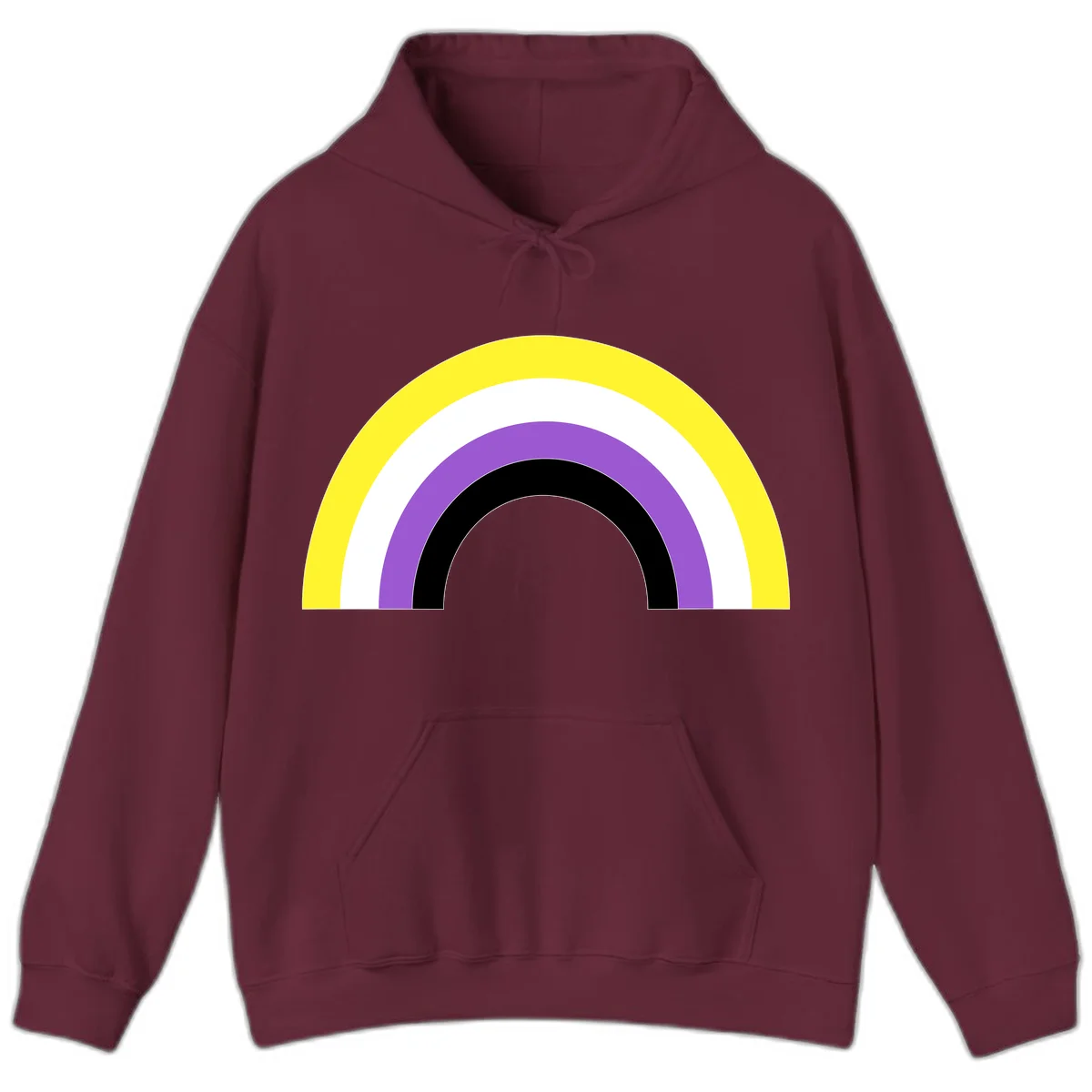 Concentric pride rainbow design with five nested semicircular arcs in yellow, white, purple, black, and gray bands. in Maroon