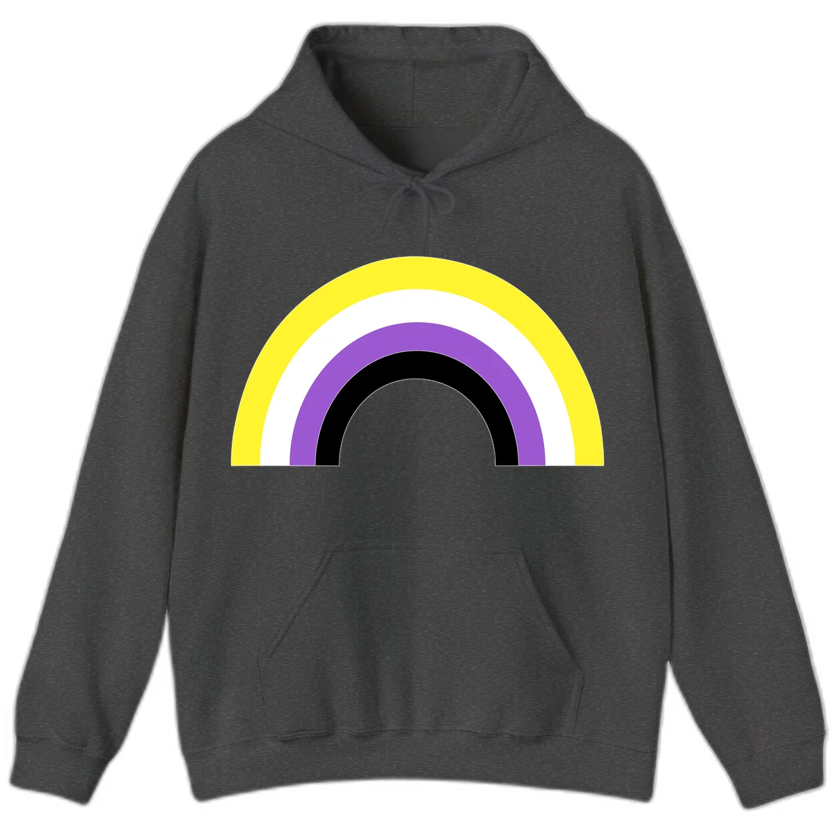 Concentric pride rainbow design with five nested semicircular arcs in yellow, white, purple, black, and gray bands. in Dark Heather