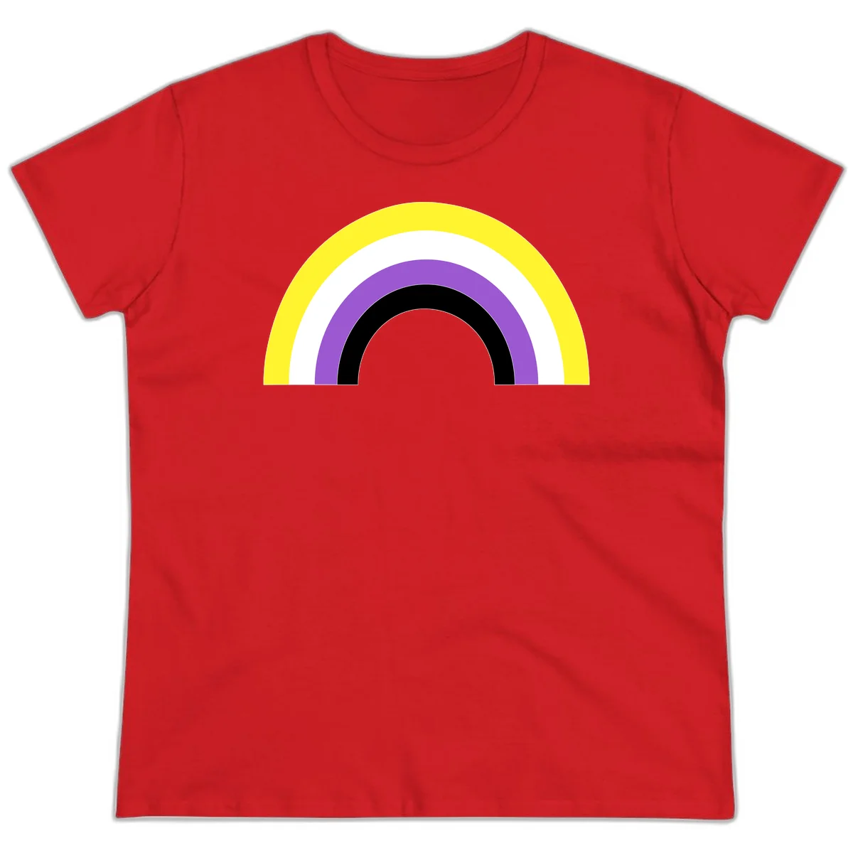 Concentric pride rainbow design with five nested semicircular arcs in yellow, white, purple, black, and gray bands. in Red