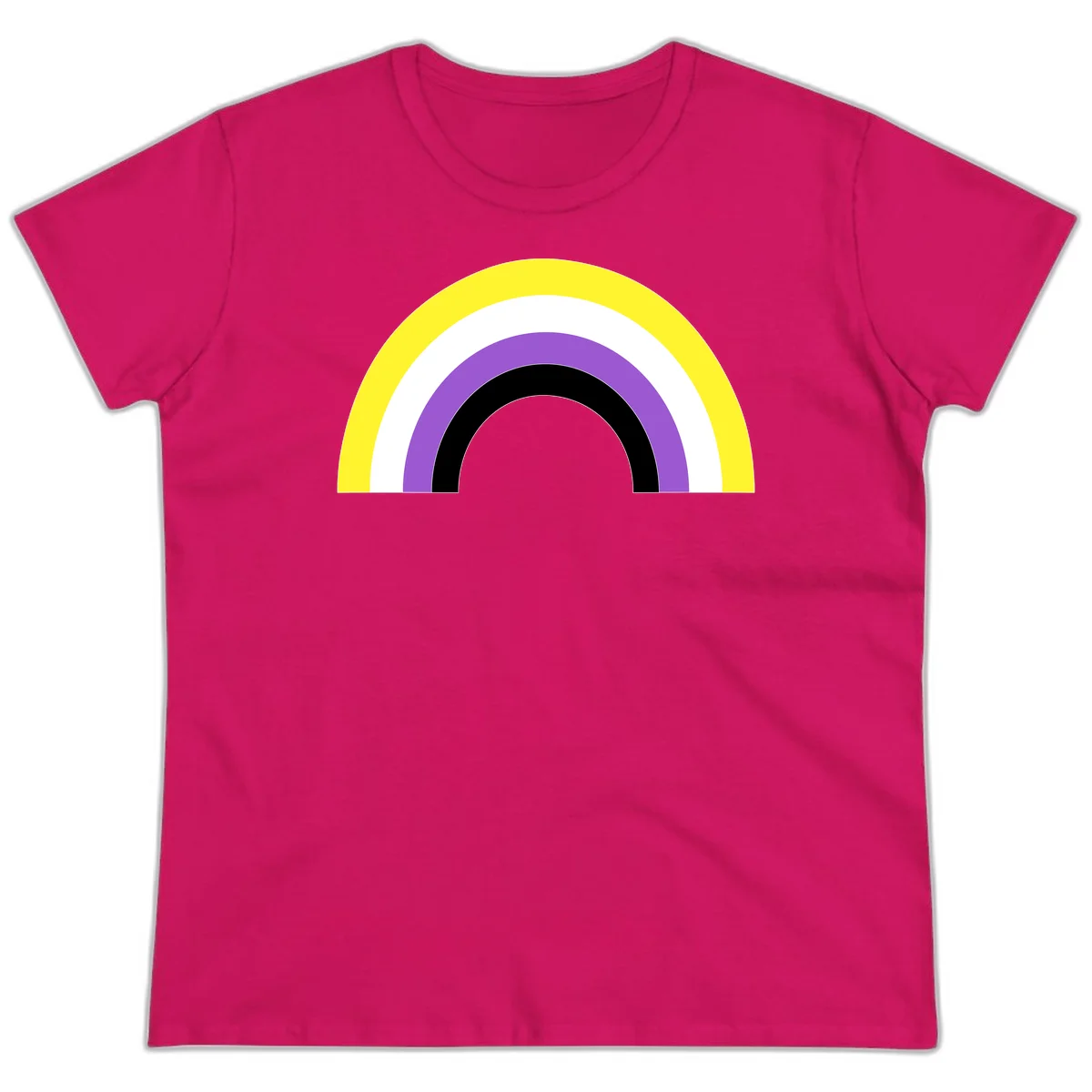 Concentric pride rainbow design with five nested semicircular arcs in yellow, white, purple, black, and gray bands. in Heliconia
