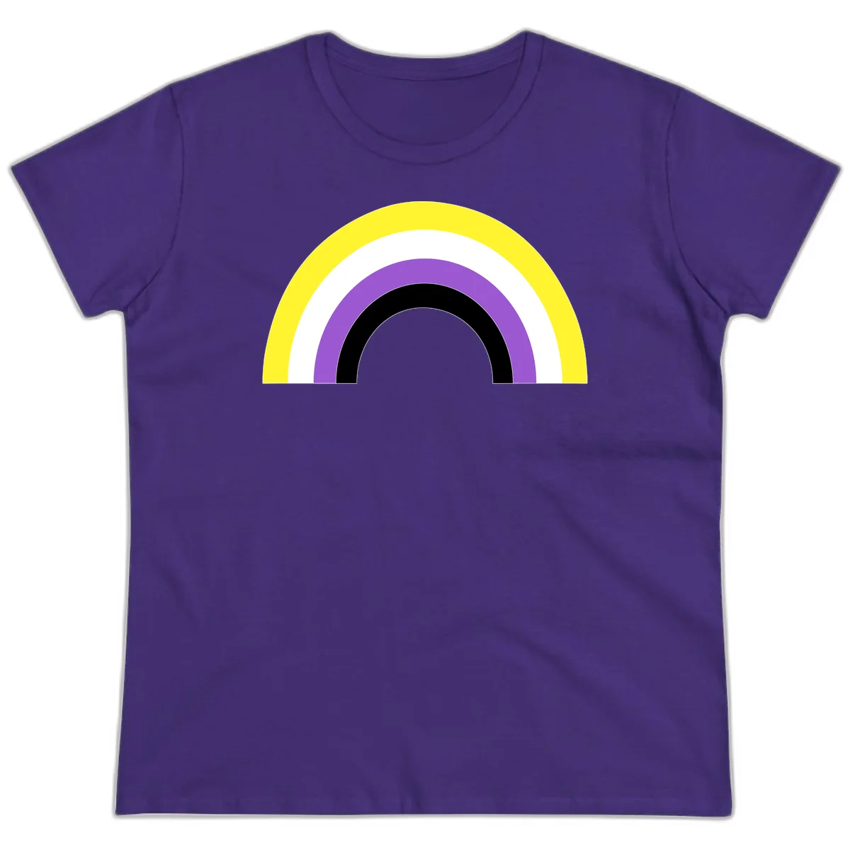 Concentric pride rainbow design with five nested semicircular arcs in yellow, white, purple, black, and gray bands. in Purple
