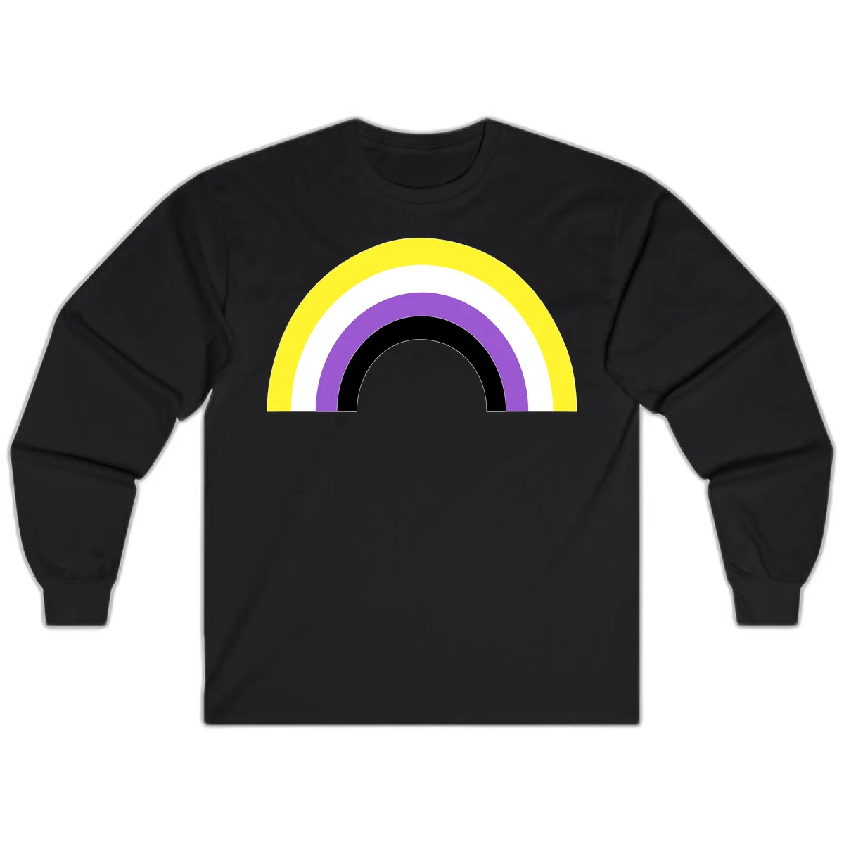 Concentric pride rainbow design with five nested semicircular arcs in yellow, white, purple, black, and gray bands. in Black