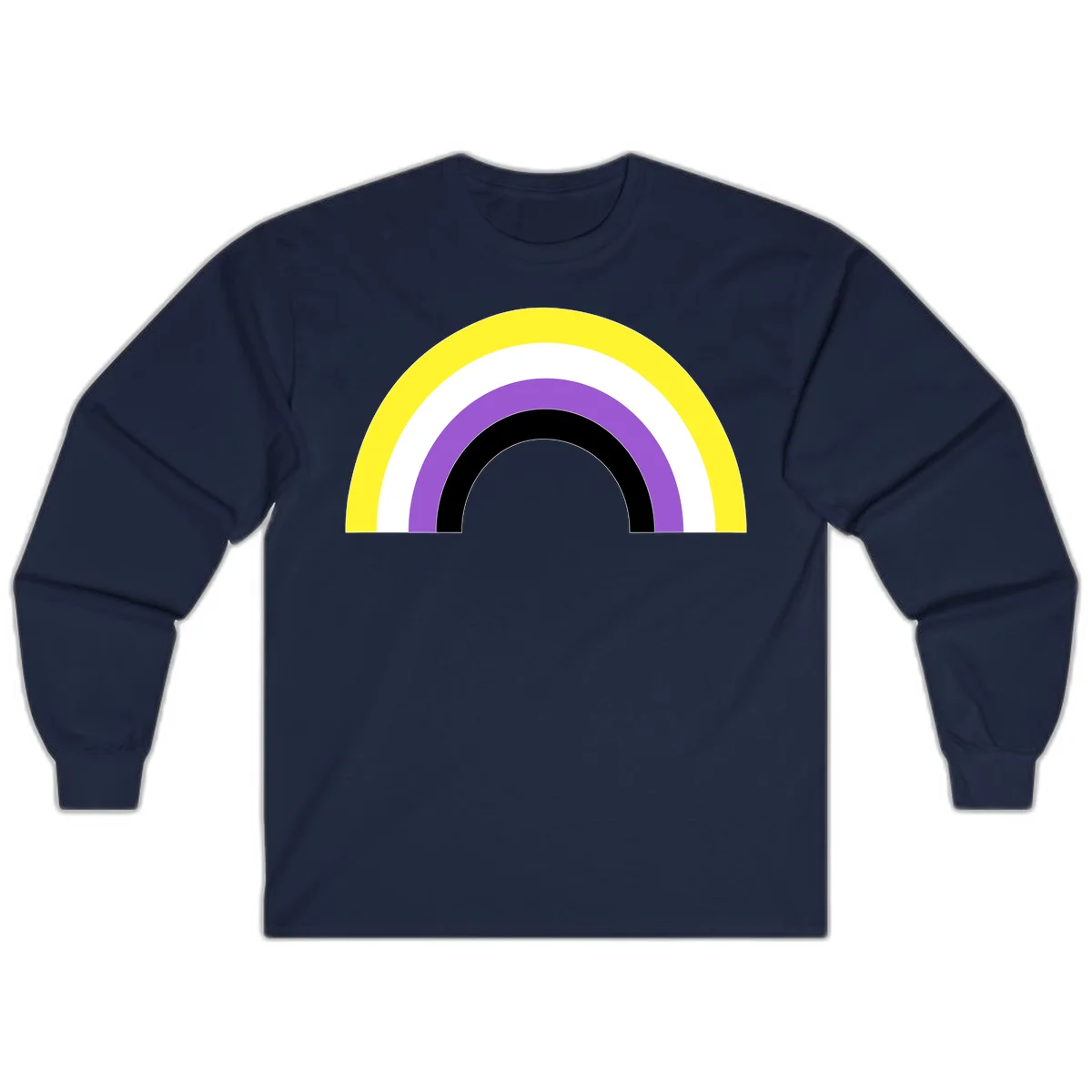 Concentric pride rainbow design with five nested semicircular arcs in yellow, white, purple, black, and gray bands. in Navy