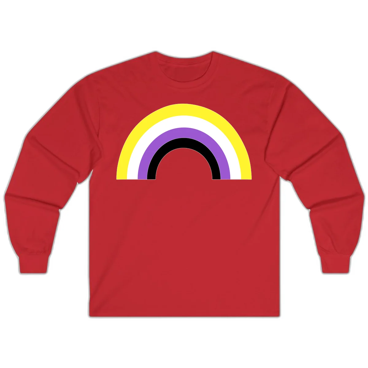 Concentric pride rainbow design with five nested semicircular arcs in yellow, white, purple, black, and gray bands. in Red