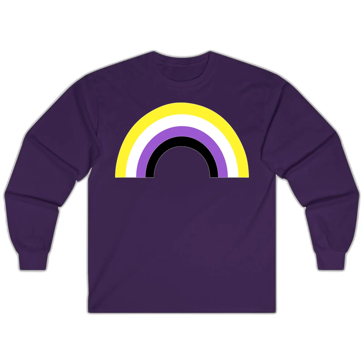 Concentric pride rainbow design with five nested semicircular arcs in yellow, white, purple, black, and gray bands. in Purple