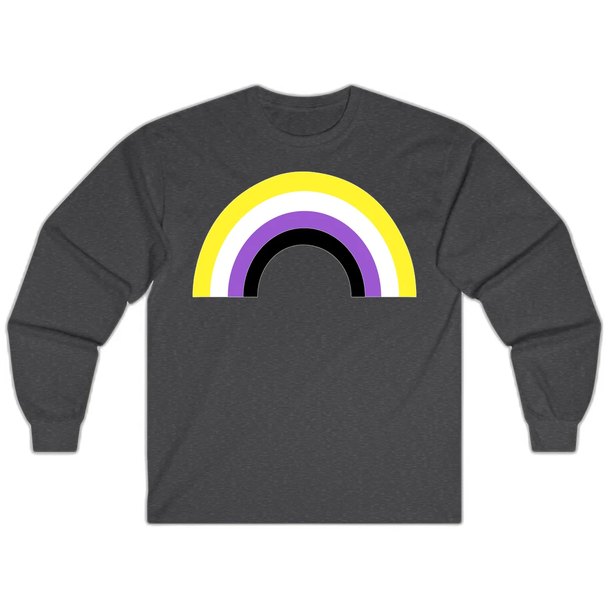 Concentric pride rainbow design with five nested semicircular arcs in yellow, white, purple, black, and gray bands. in Dark Heather