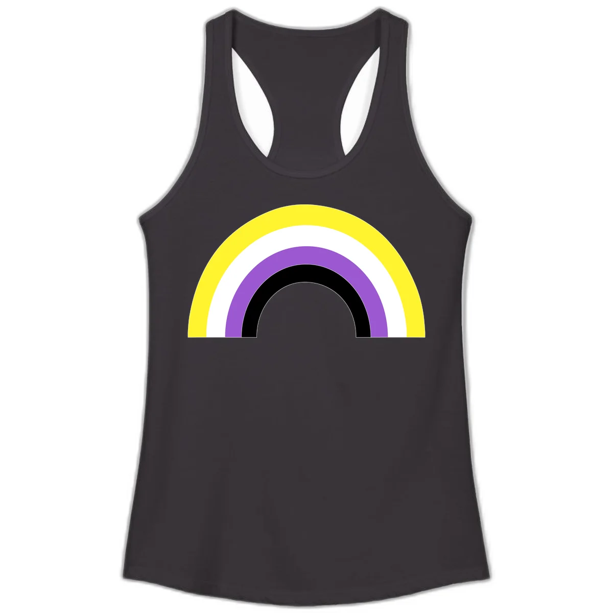 Concentric pride rainbow design with five nested semicircular arcs in yellow, white, purple, black, and gray bands. in Black