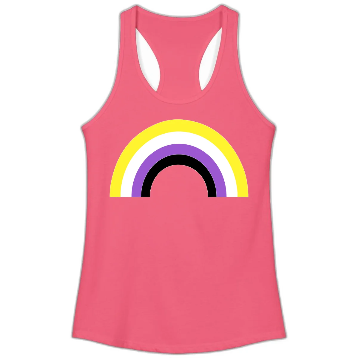 Concentric pride rainbow design with five nested semicircular arcs in yellow, white, purple, black, and gray bands. in Hot Pink