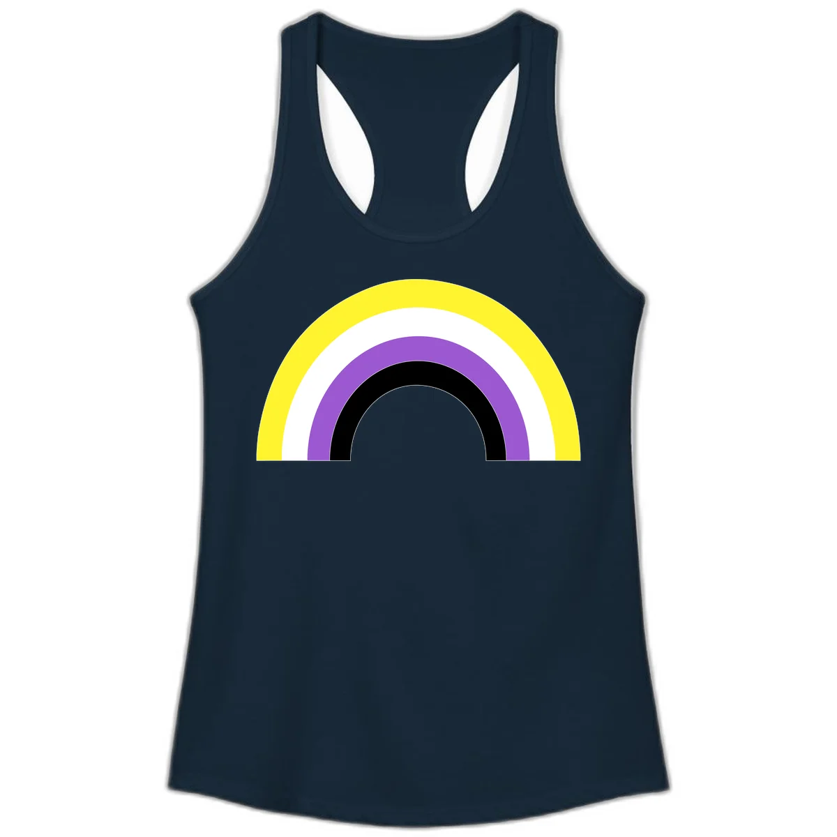 Concentric pride rainbow design with five nested semicircular arcs in yellow, white, purple, black, and gray bands. in Solid Midnight Navy