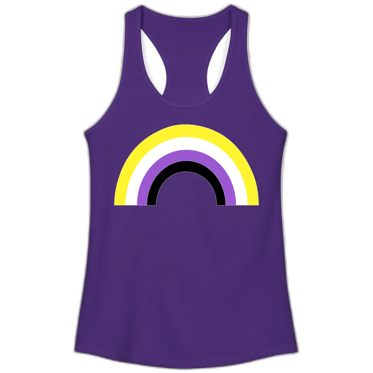 Concentric pride rainbow design with five nested semicircular arcs in yellow, white, purple, black, and gray bands. in Solid Purple Rush