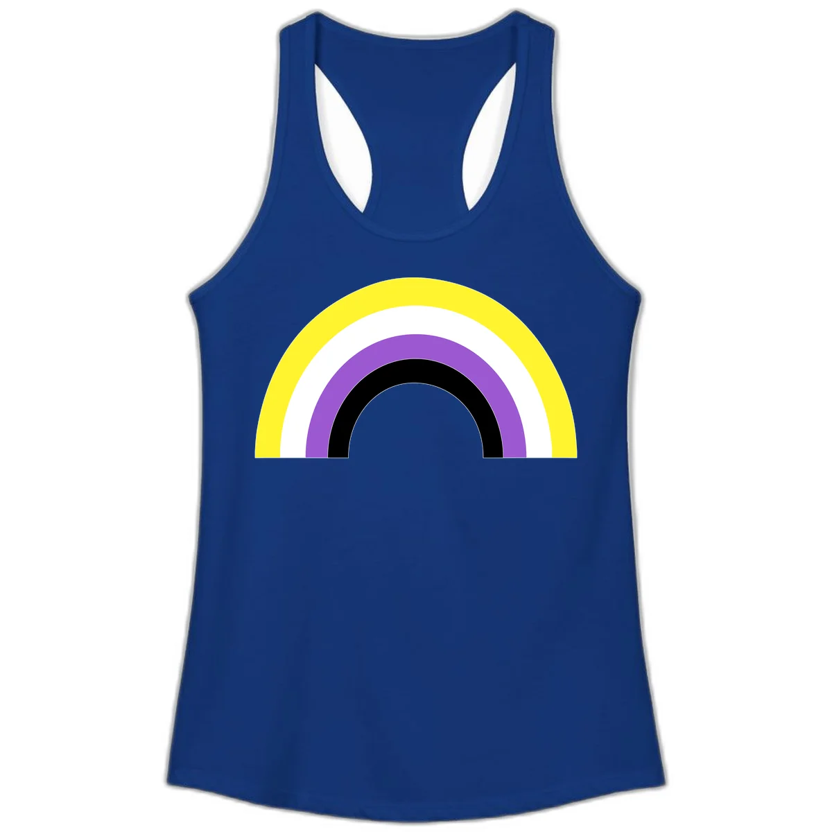 Concentric pride rainbow design with five nested semicircular arcs in yellow, white, purple, black, and gray bands. in Solid Royal