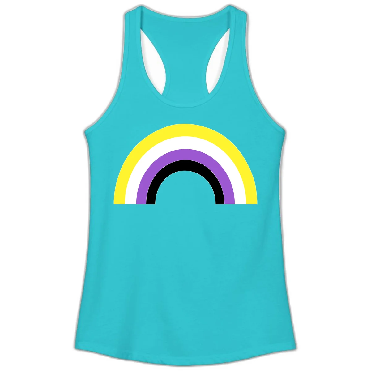 Concentric pride rainbow design with five nested semicircular arcs in yellow, white, purple, black, and gray bands. in Solid Tahiti Blue