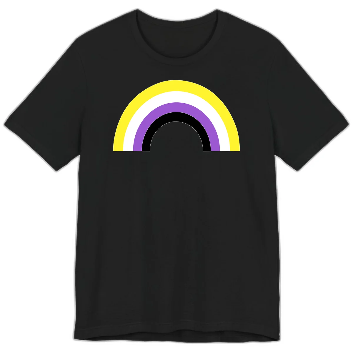 Concentric pride rainbow design with five nested semicircular arcs in yellow, white, purple, black, and gray bands. in Black