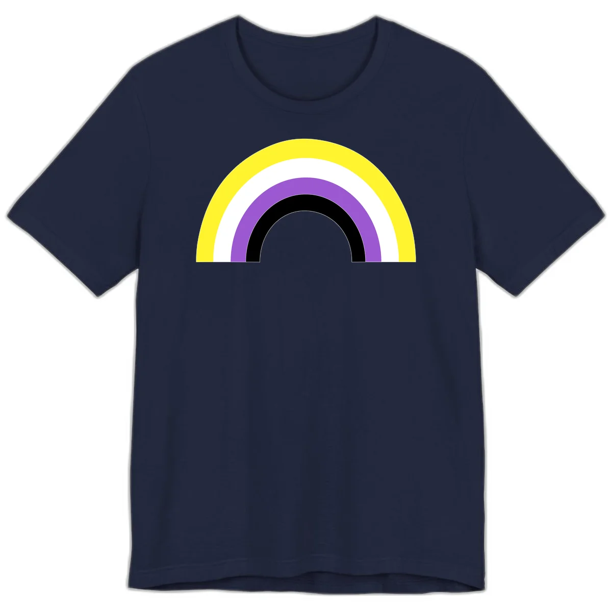 Concentric pride rainbow design with five nested semicircular arcs in yellow, white, purple, black, and gray bands. in Navy