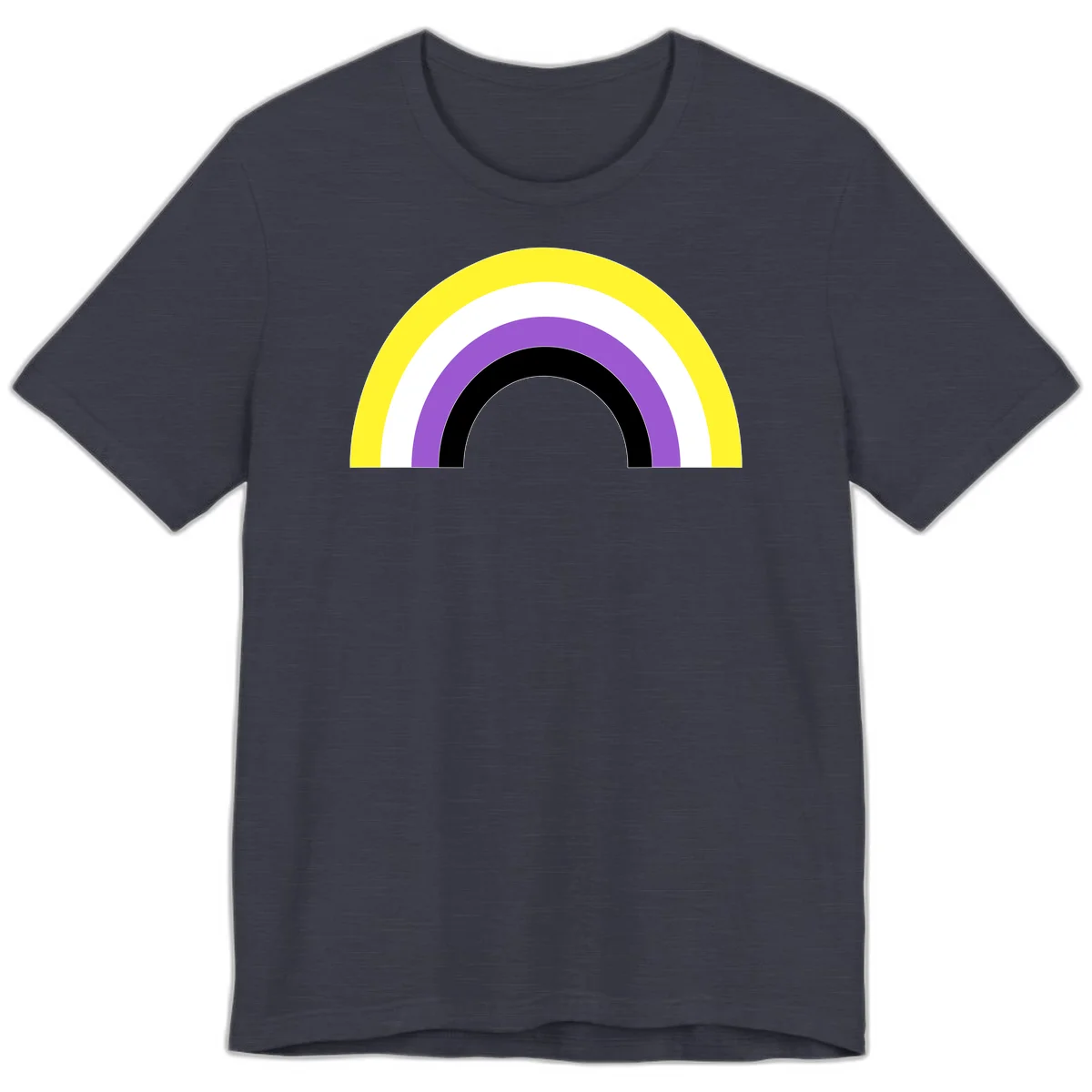 Concentric pride rainbow design with five nested semicircular arcs in yellow, white, purple, black, and gray bands. in Heather Midnight Navy