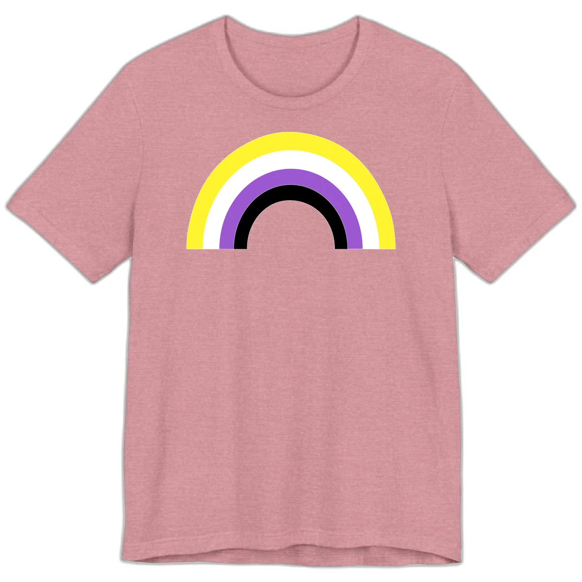 Concentric pride rainbow design with five nested semicircular arcs in yellow, white, purple, black, and gray bands. in Heather Orchid