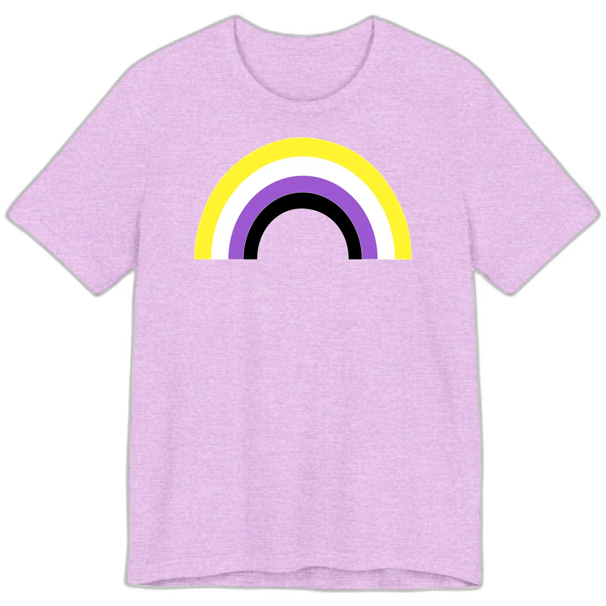 Concentric pride rainbow design with five nested semicircular arcs in yellow, white, purple, black, and gray bands. in Heather Prism Lilac
