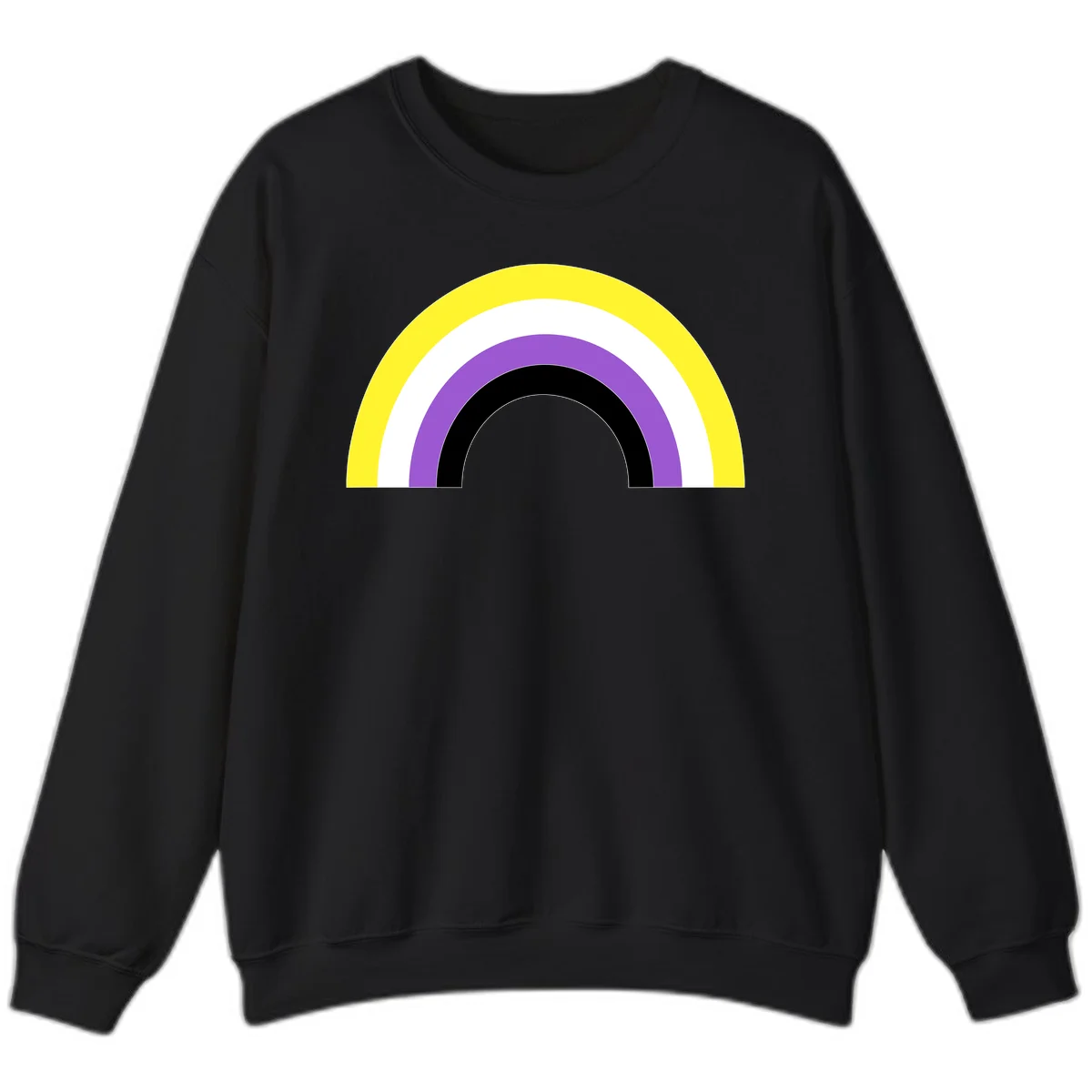 Concentric pride rainbow design with five nested semicircular arcs in yellow, white, purple, black, and gray bands. in Black
