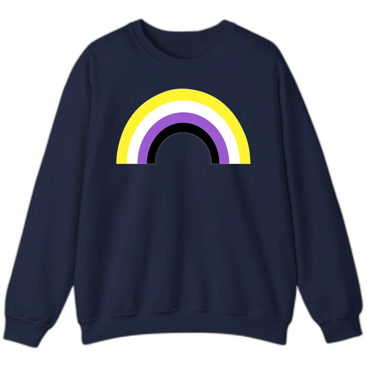Concentric pride rainbow design with five nested semicircular arcs in yellow, white, purple, black, and gray bands. in Navy