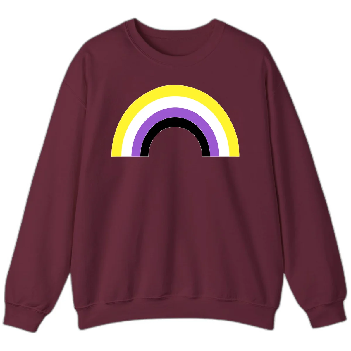 Concentric pride rainbow design with five nested semicircular arcs in yellow, white, purple, black, and gray bands. in Maroon