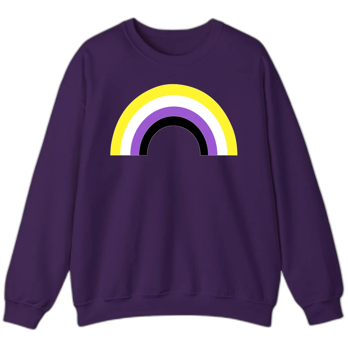 Concentric pride rainbow design with five nested semicircular arcs in yellow, white, purple, black, and gray bands. in Purple