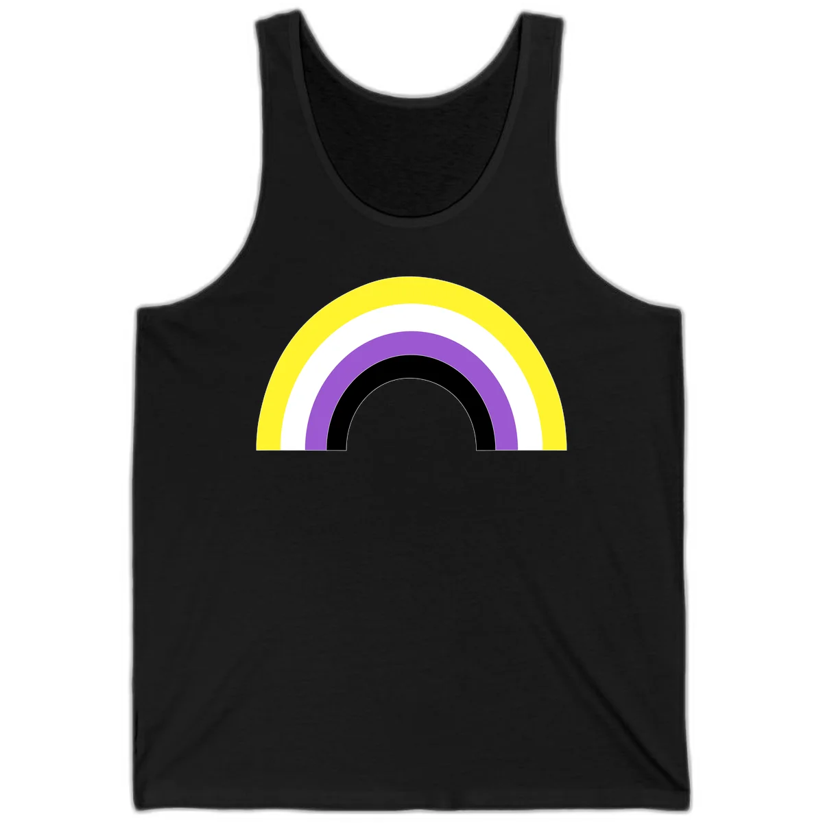 Concentric pride rainbow design with five nested semicircular arcs in yellow, white, purple, black, and gray bands. in Black