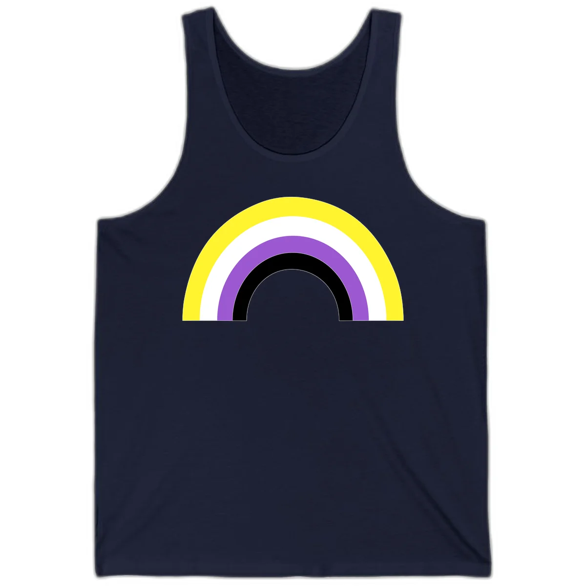 Concentric pride rainbow design with five nested semicircular arcs in yellow, white, purple, black, and gray bands. in Navy