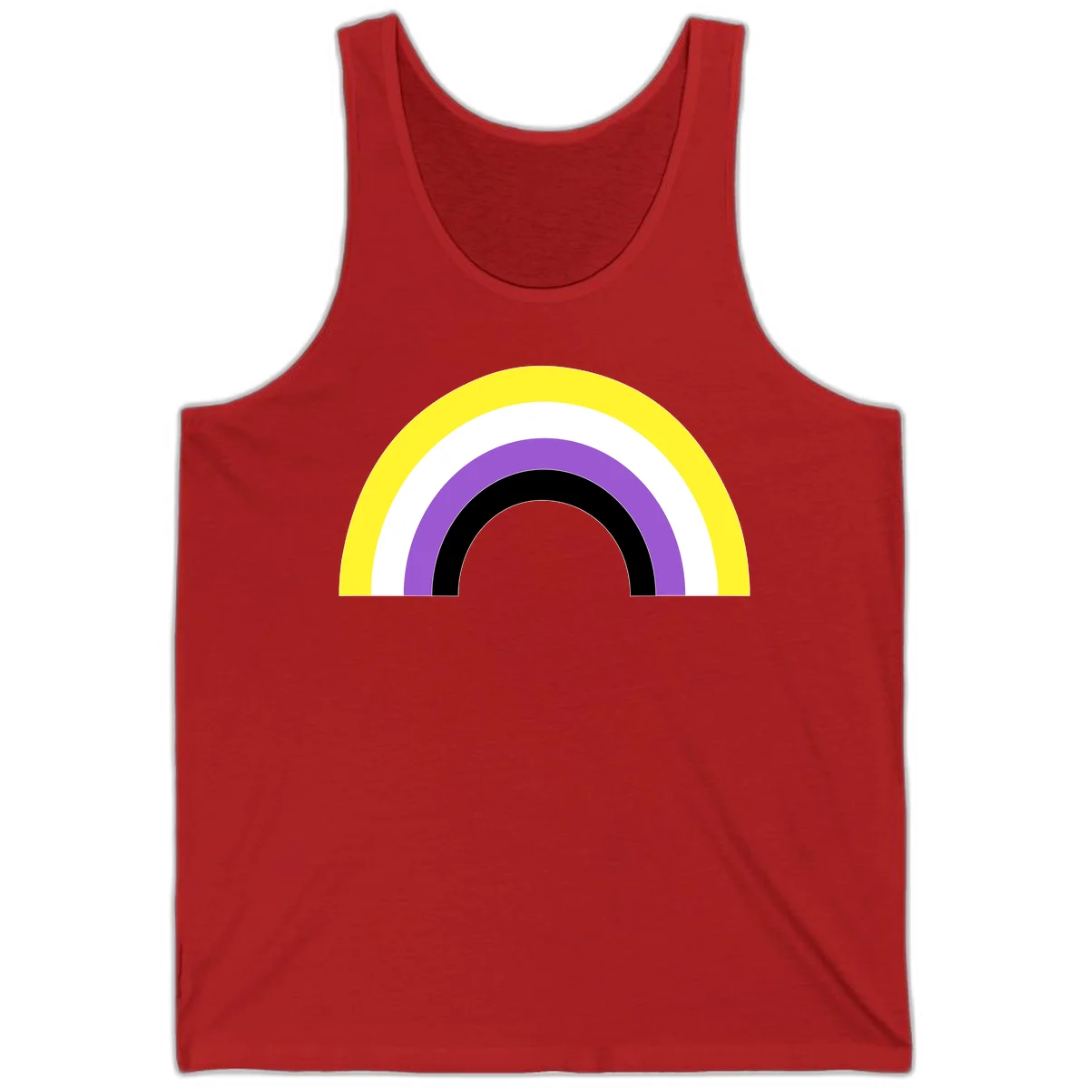 Concentric pride rainbow design with five nested semicircular arcs in yellow, white, purple, black, and gray bands. in Red