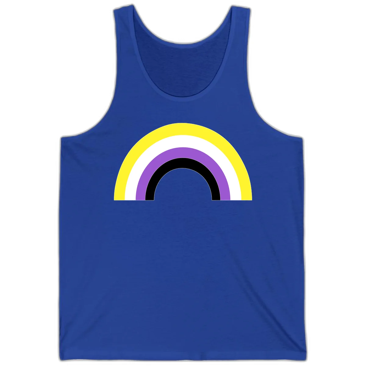 Concentric pride rainbow design with five nested semicircular arcs in yellow, white, purple, black, and gray bands. in True Royal