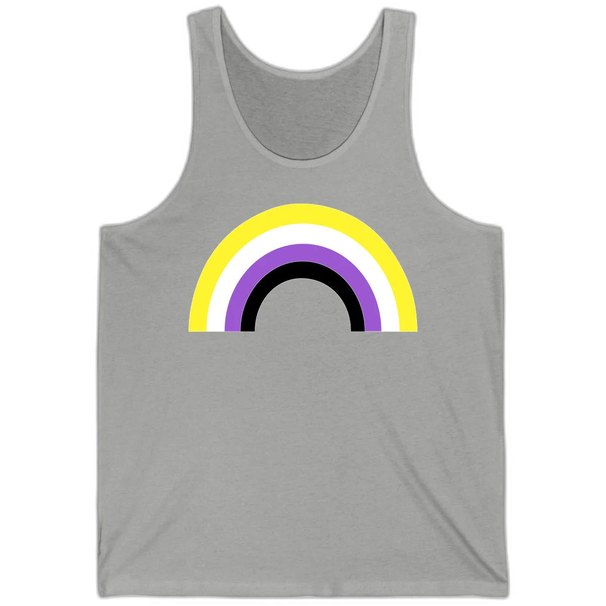 Concentric pride rainbow design with five nested semicircular arcs in yellow, white, purple, black, and gray bands. in Athletic Heather