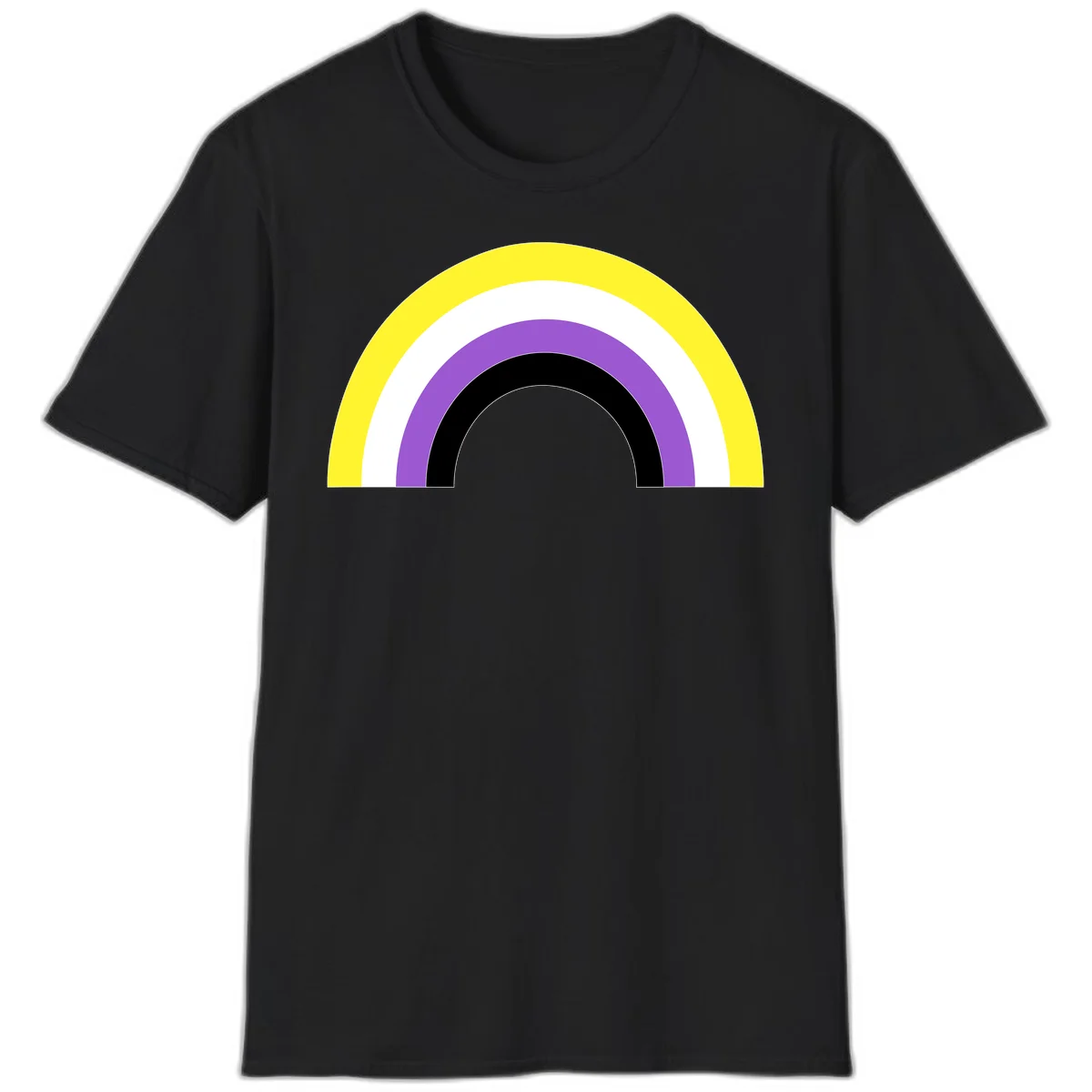 Concentric pride rainbow design with five nested semicircular arcs in yellow, white, purple, black, and gray bands. in Black