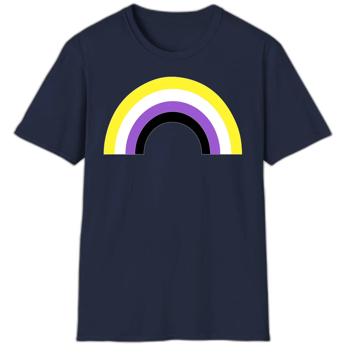 Concentric pride rainbow design with five nested semicircular arcs in yellow, white, purple, black, and gray bands. in Navy