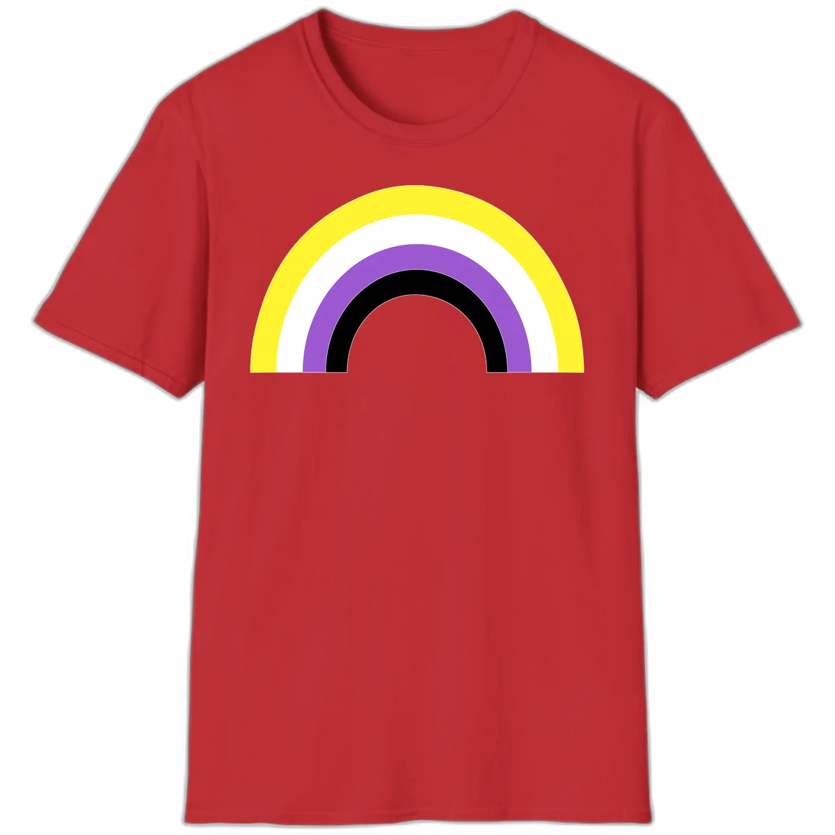 Concentric pride rainbow design with five nested semicircular arcs in yellow, white, purple, black, and gray bands. in Red